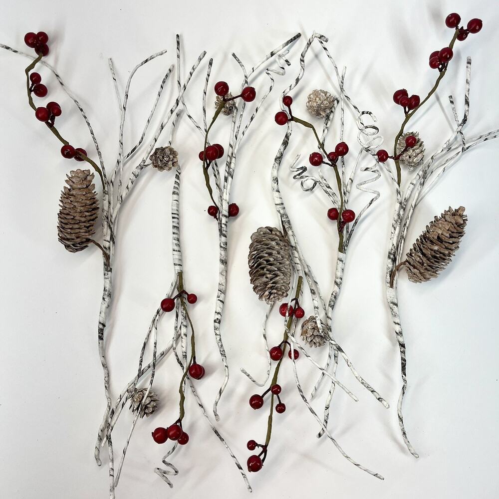 Holiday Red Berry and Birch Twig Spray with Pine Cones Birch Berry Pick Set Of 6
